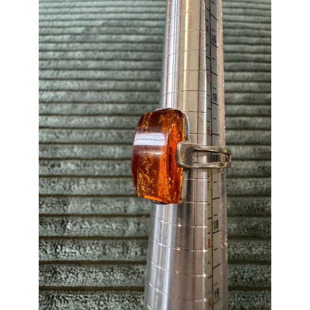 Sterling Silver 925 Amber Ring Statement Rectangle‎ Vintage Women Jewelry